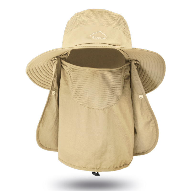 Summer Sun Protection Big Size 62CM Bucket Hats 3-piece Sunscreen Climbing Hat Sun Hat with Neck Flap Removable Fishing Hat: Khaki