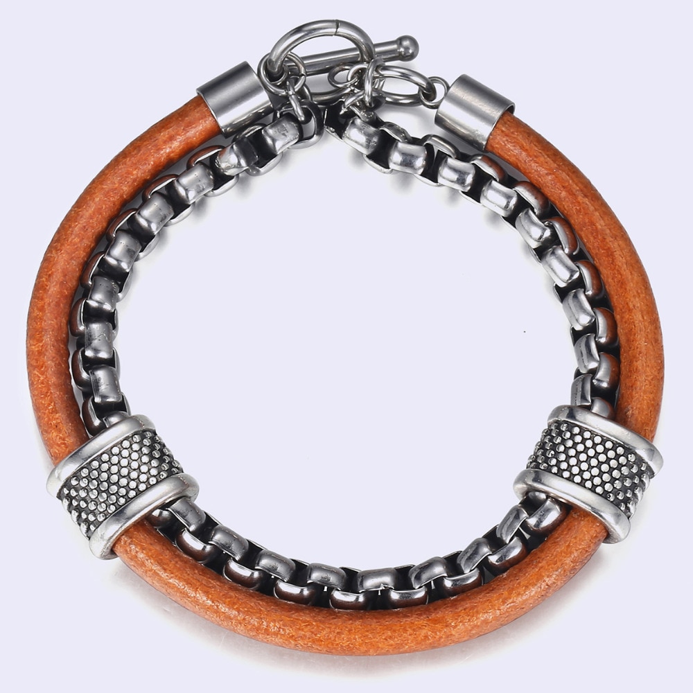Trendsmax leren armband voor heren, roestvrijstalen schakelarmband, herenarmbanden, sieraden om te gespen, dlb 70