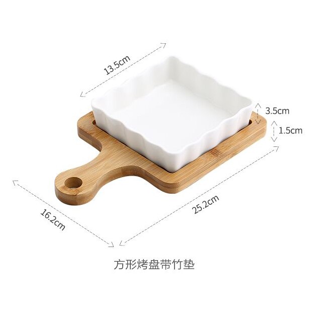 white ceramic baking tray household rectangular tray fruit tray kitchen cheese baked rice bowl natural bamboo wood tray: A