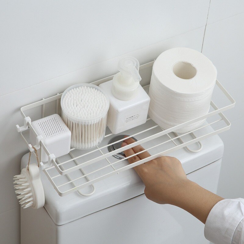 Bathroom Shelf Above Toilet Water Tank Reusable Heavy Duty Kitchen Bathroom Toliet Shelf Iron Storage Rack Hook Organizer Home
