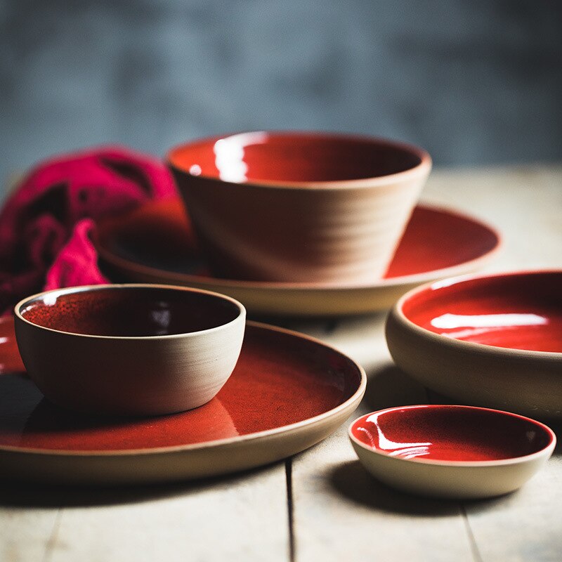 ANTOWALL Special Red Color Dinneware Ceramic Home Restaurant Deep Dish Canteen Steak Dinner Plate Tableware