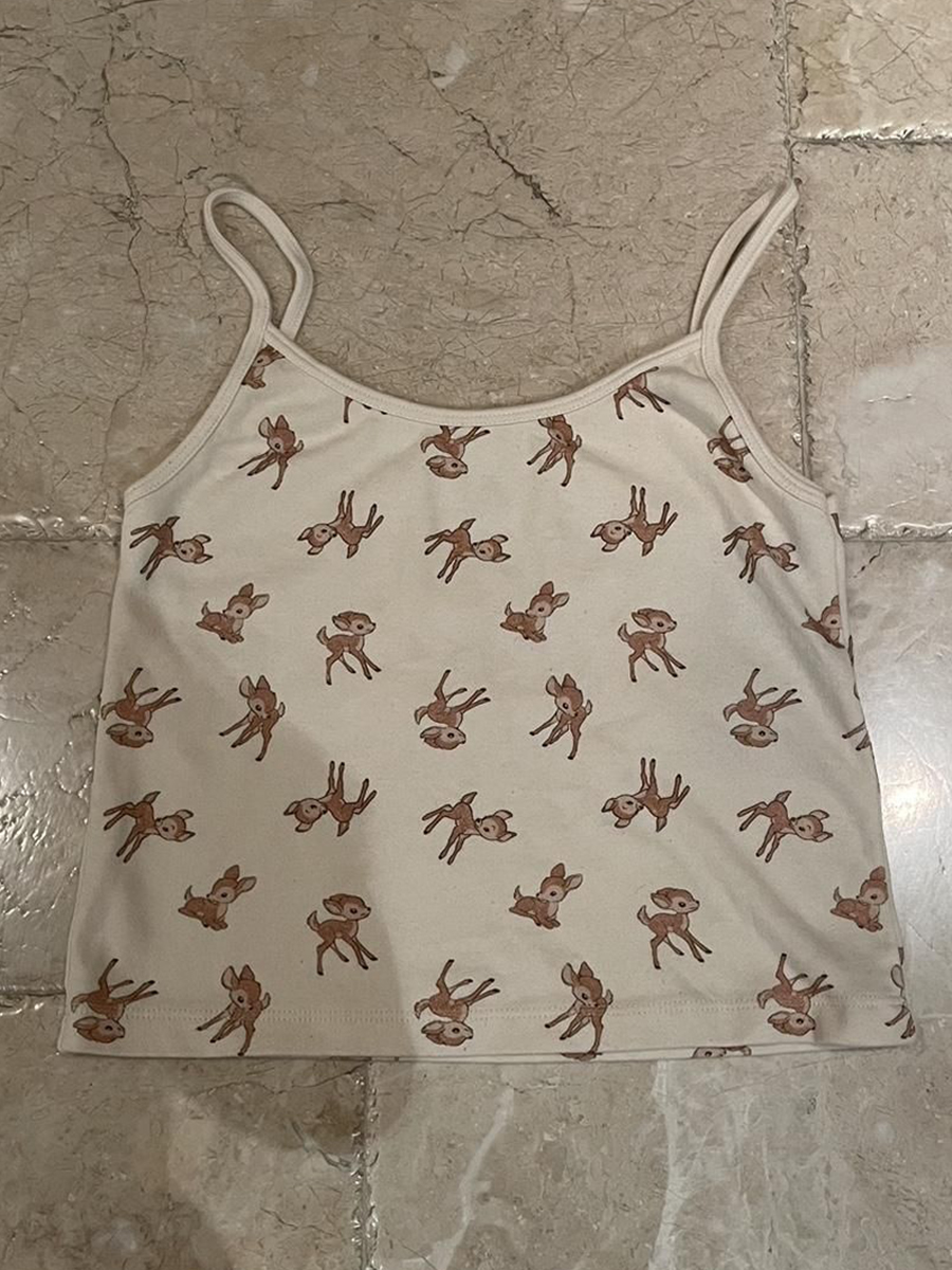 Söt liten hjorttryck smal crop top kvinnor sommar bomull ärmlös beskuren linne harajuku avslappnad söt linnen  y2k