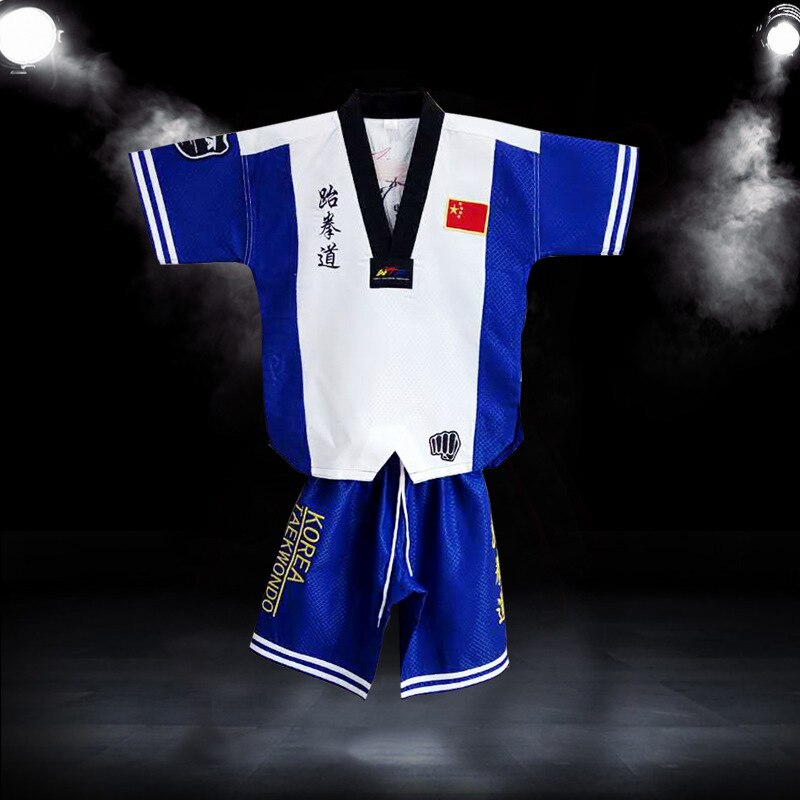 Taekwondo dobok tkd bomuld og bambus fiber uniform itf serie børn børn taekwondo langærmet tøj  t10: Blå / Xs