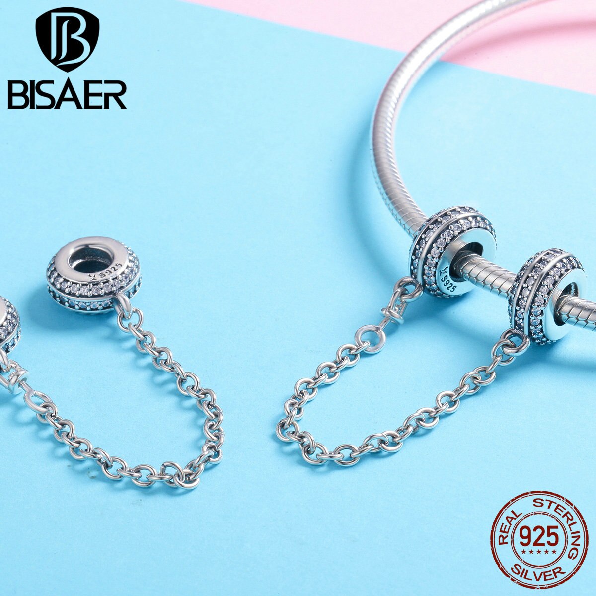 BISAER Authentische 925 Sterling Silber Schlange Kette Sicherheit Kette Stopper Reize Perlen passen Charme Armbänder Silber Schmuck ECC812