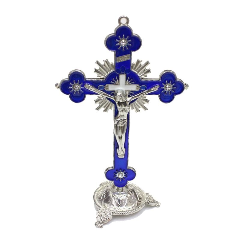 Cruz de Metal de flores de ciruelo, Jesús, amargamiento, iglesia, estatua sagrada, adornos, oficina, artículos religiosos para el hogar: Azul