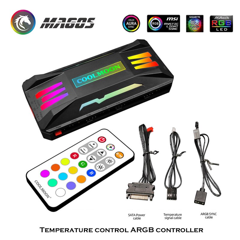 COOLMOON Fan RGB HUB Controller, PWM Smart TEMP. ADJ.+ 5V ARGB M/B SYNC, Wireless Remote Control For Chassis Fan