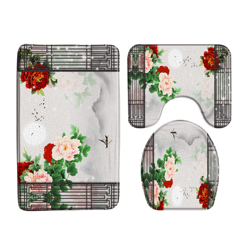 3Pcs Set Chinese Style Red Plum Fish Bamboo Printing Bath Mat Bedroom Kitchen Non-Slip Carpet Toilet Cover Rug Shower Room Decor: 60971J-3pcs Set / 45x75cm-17.7x29.5in