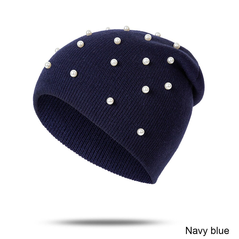 TRUENJOY-gorros de perlas para Otoño e Invierno para mujer, sombrero de punto con solidos y solidos, para sombreros invierno Mujer: navy blue