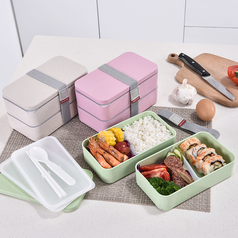 1200Ml Tarwe Stro Dubbele Lagen Lunchbox Met Lepel Gezonde Materiaal Bento Dozen Magnetron Voedsel Opslag Container Lunchbox
