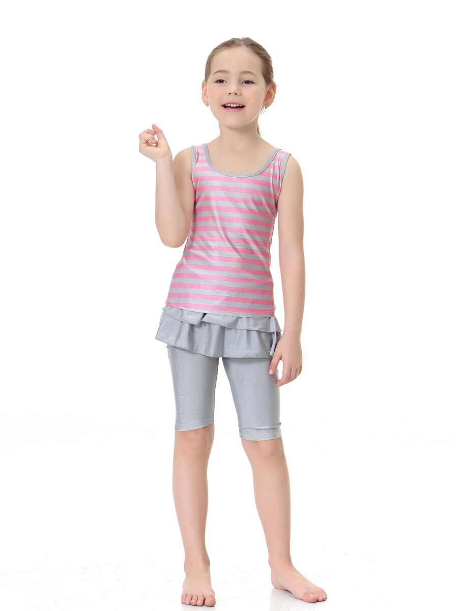 Little Girls Burkini Sleeveless Swimwear Suit Children Striped Muslim Swimsuit Islamic Swimwear Suit