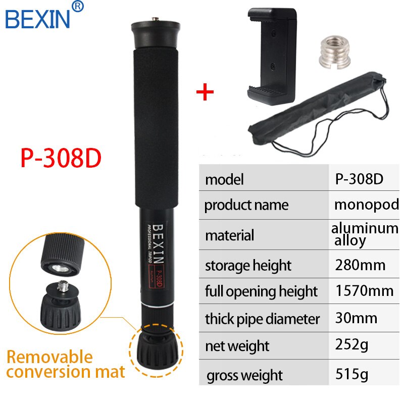 Bexin Aluminium 28Cm Verstelbare Statief Monopod Lichtgewicht Camera Telefoon Stand Unipod P308C P308D Met Afneembare Voet Pad: P308D-A