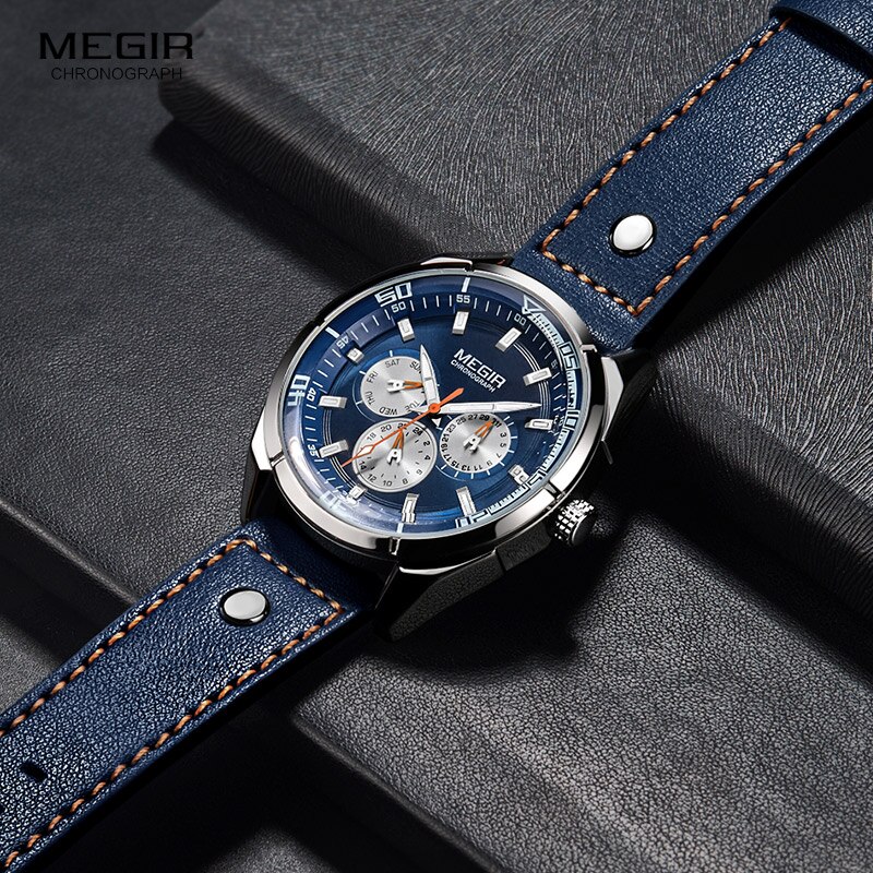 Megir Mannen Mode Lederen Quartz Horloges Met Kalender Datum Week 24-Uur Lichtgevende Horloge Voor Man Jongens Blauw 2072GBE-2