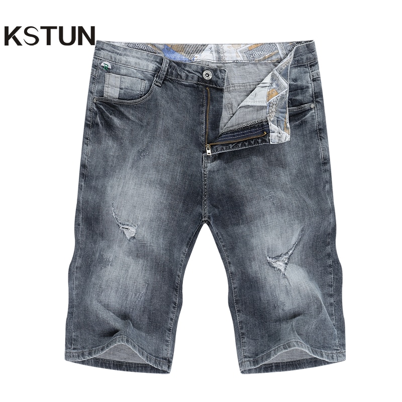 Kstun ripped jeans byxor herr sommar korta jeans grå elastiska slimmade regular fit jeansshorts manliga casual punk rip jeans