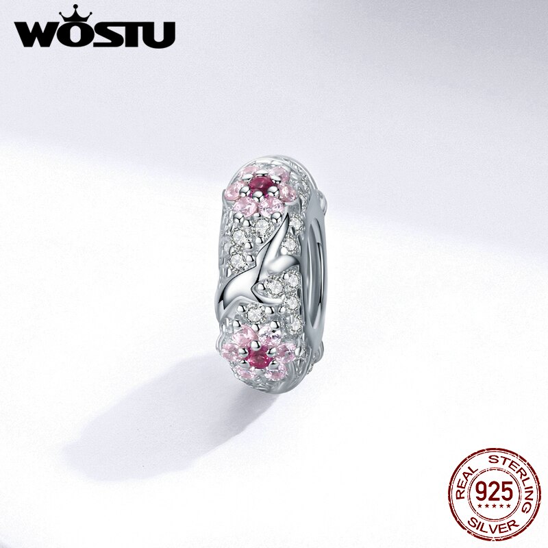 Wostu ægte 925 sterlingsølv blommeblomstperler blomst pink zirkon charm pasform originalt armbånd vedhæng gør selv-smykker