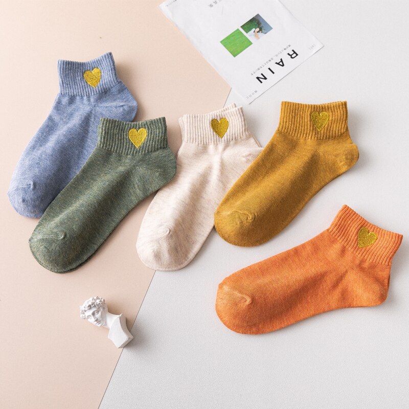 1 Pair Harajuku Cute Candy Color Sports Casual Socks Happy Funny Heart Ankle Socks Embroidery Ladies Cotton Soild Slippers