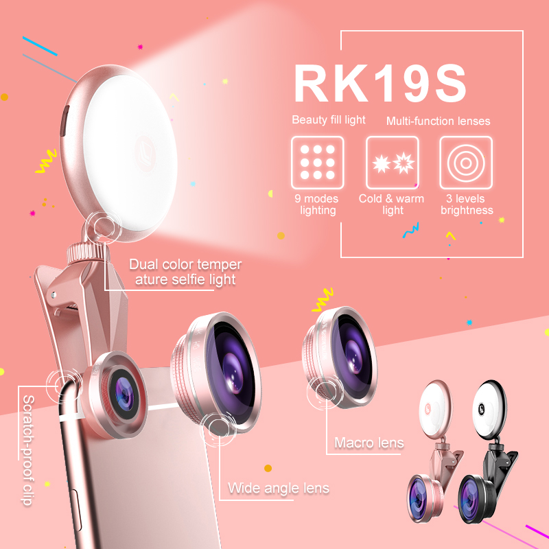 RK19S LED Selfie Flash Licht Vullen Licht Warm &amp; Koud Lampen Met Brede Hoeken Fisheye Marcro Lens 360 Rotatie Voor iPhone Huawei Vivo