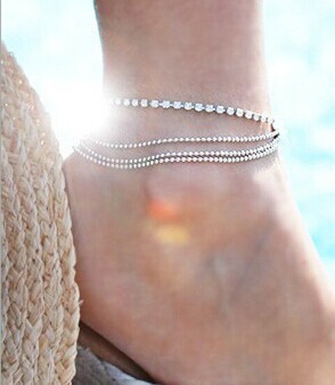 Été pieds nus sandale Multi couche en argent Sterling cheville chaîne cheville perles de cristal breloque pied Bracelets bijoux pour les femmes