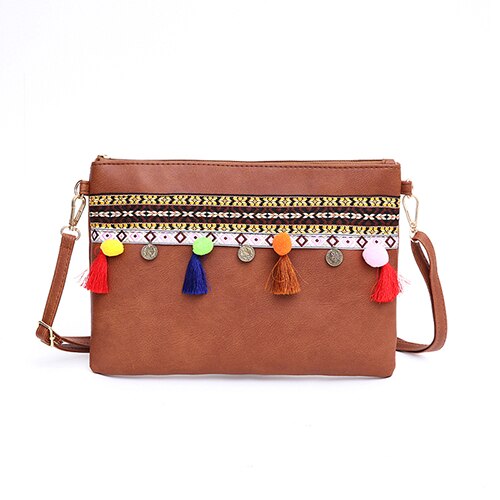 Yogodlns PU Leather Shoulder Bag for Women Envelope Bag Tassel Decoration Messenger Bags National Style Lady Purse: Brown