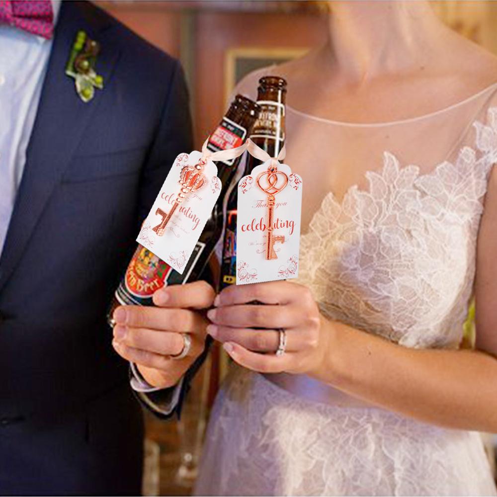 Ourwarm 50 sæt bryllup til gæster rosaguld nøgle zinklegering flaskeåbner med tags fest favoriserer kommunion souvenirs