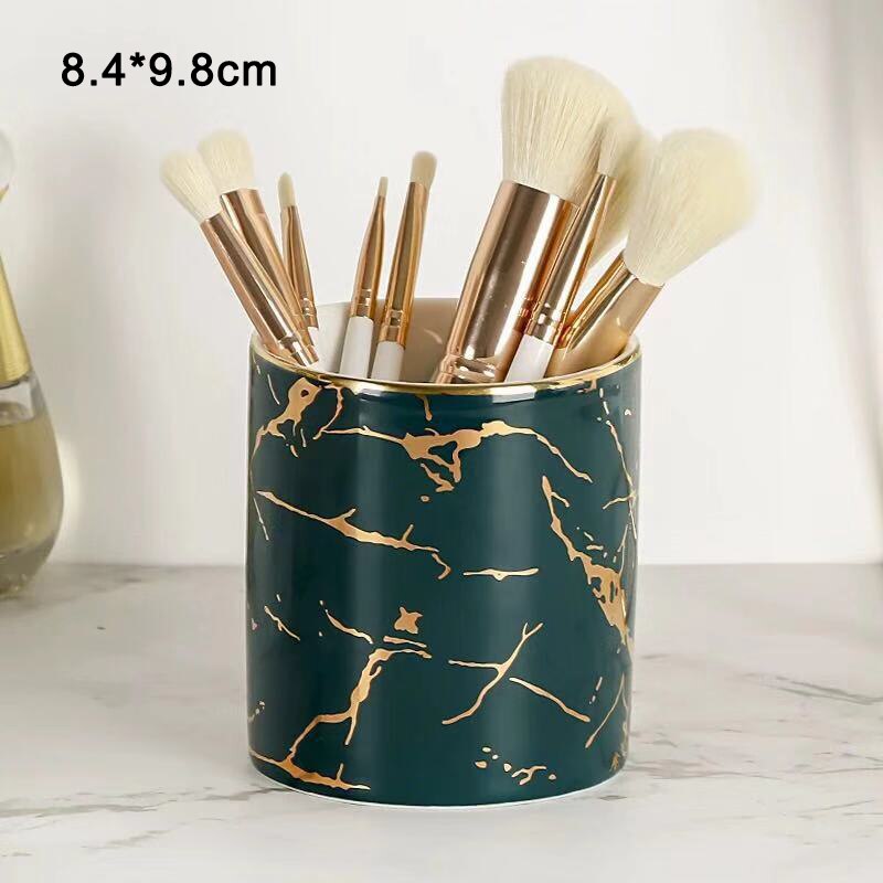 Nordisk stil marmor makeup borsthållare pennhållare skrivbord organiserare keramisk burk förvaringstank dekoration för kontor bord skrivbord: Mörkgrön