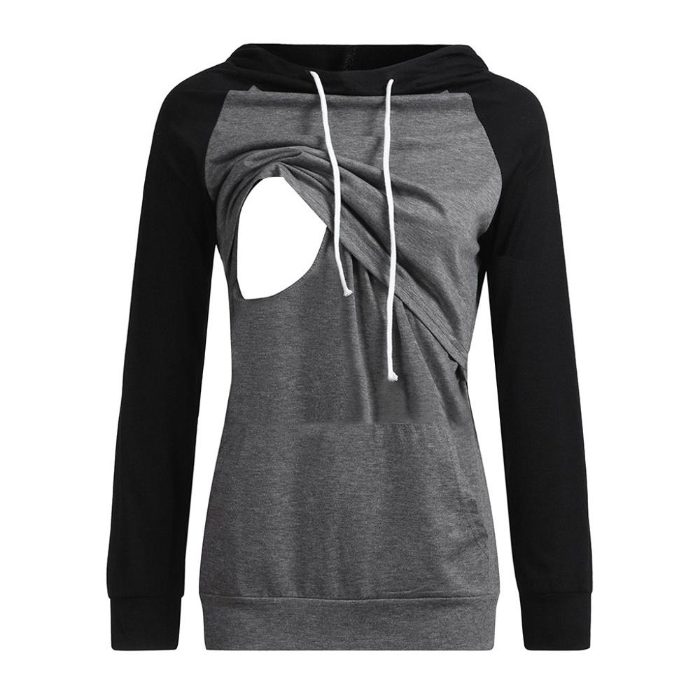 Dam t-shirt vård långärmad patchwork toppar amning hoodie sweatshirt t-shirt: Svart / L