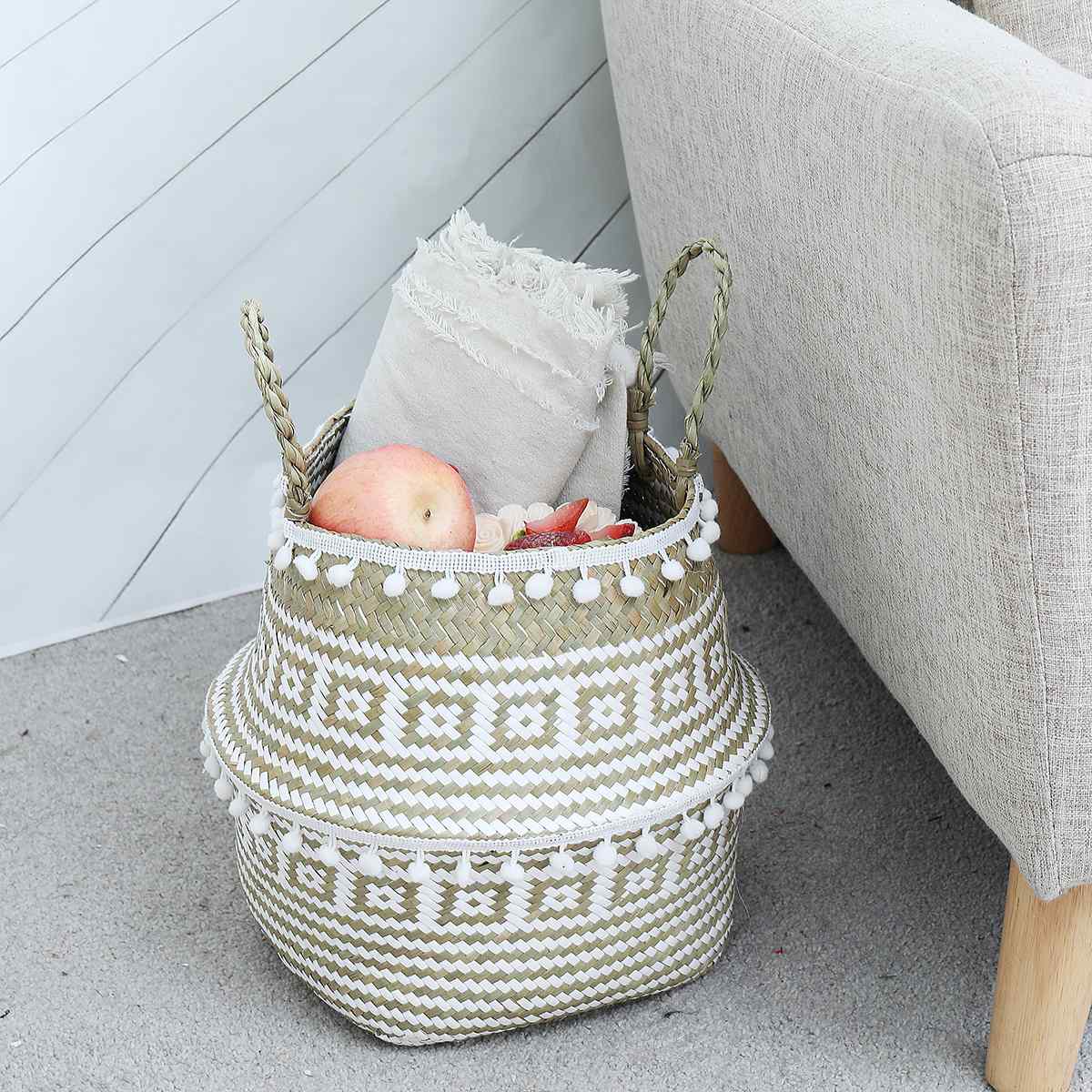 Cesta de almacenamiento tejida para algas, Cestas colgantes de mimbre para plantas, florero de jardín, maceta plegable con asa y bola pequeña