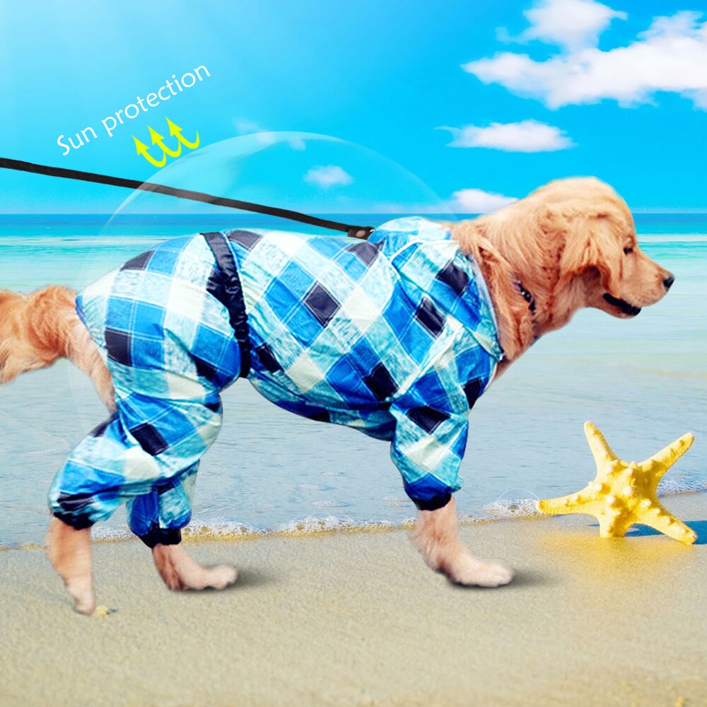Capa de chuva para cachorro xadrez, roupa à prova de sol para animais de estimação, jaqueta de chuva, macacão com coleira e furo para animais de estimação de médio e grande porte