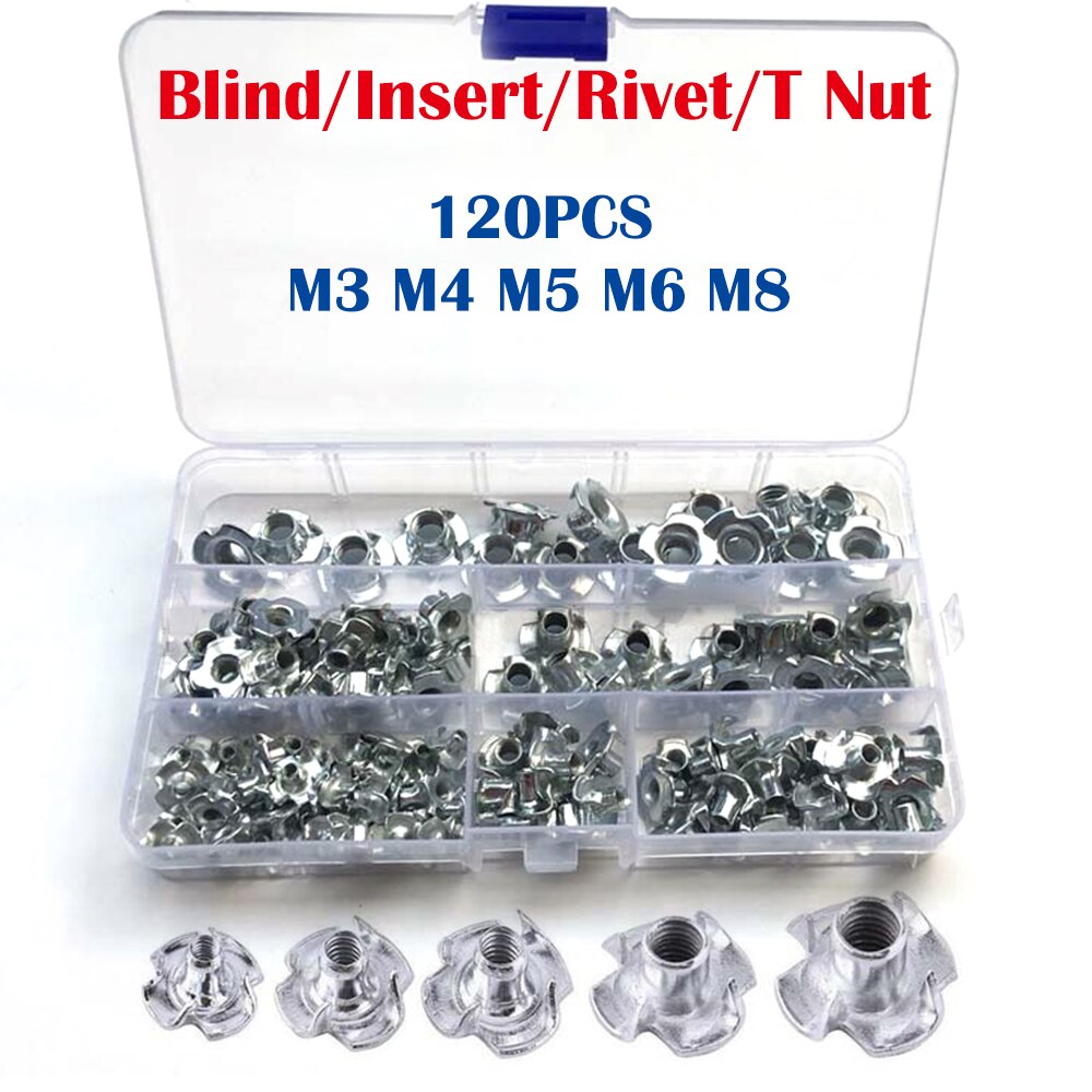 120pcs Four-needle Blind Rivet Nuts For Wood M3, M4, M5, M6, M8