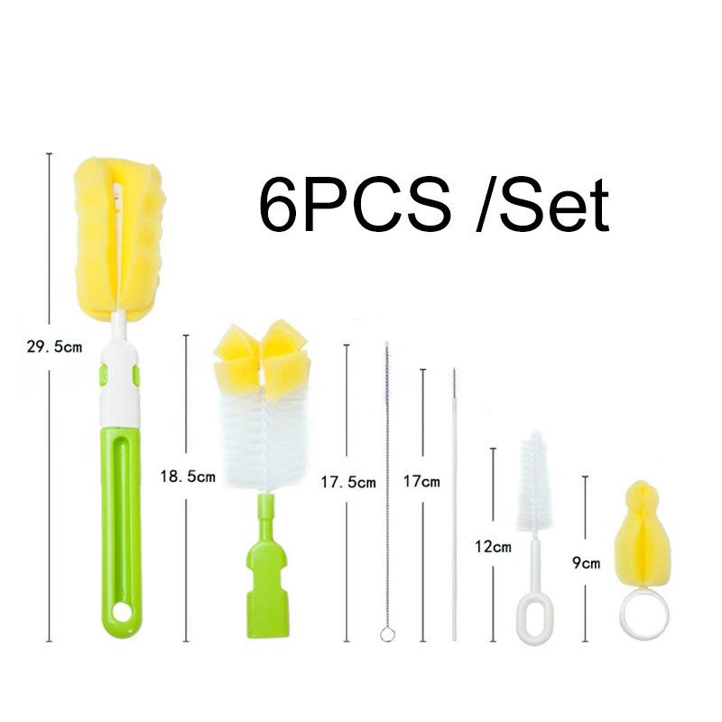 6PCS/ Set Baby Milk Feeding Bottle Brush Handle Portable Nylon and Sponge Tube Cleaner Dummy Nipple Pacifier Brushes