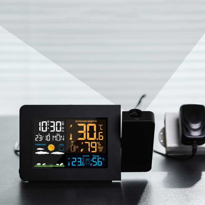LCD Digital Alarm Clock Calendar LED Projection Weather Thermometer Indoor Outdoor Temperature Humidity Projector