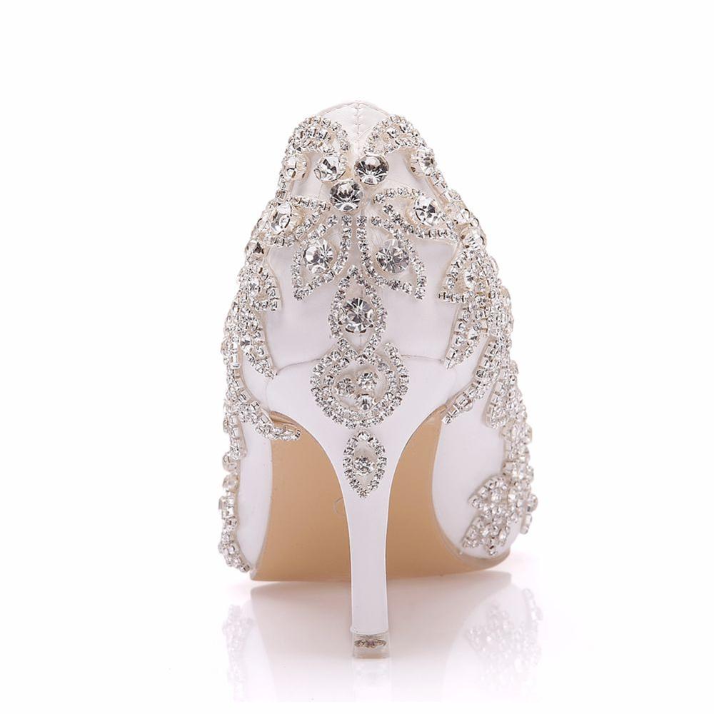 Crystal Queen Vrouwen Schoenen Hoge Hakken Bruiloft Dunne 7CM Hakken Witte Diamant Glinsterende Avondjurk Bruid Schoenen Kristal Pompen