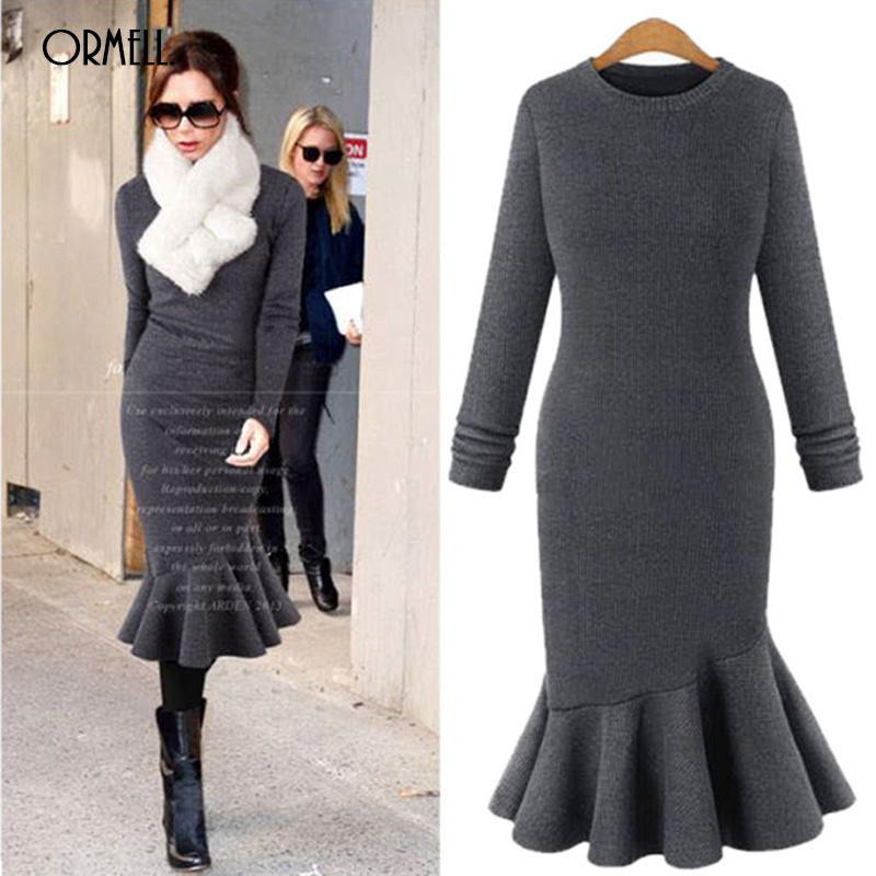 ORMELL Midi Knee Casual Women Knitted Dress Spring Female Long Sleeves Sweater Dresses Vintage Vestidos