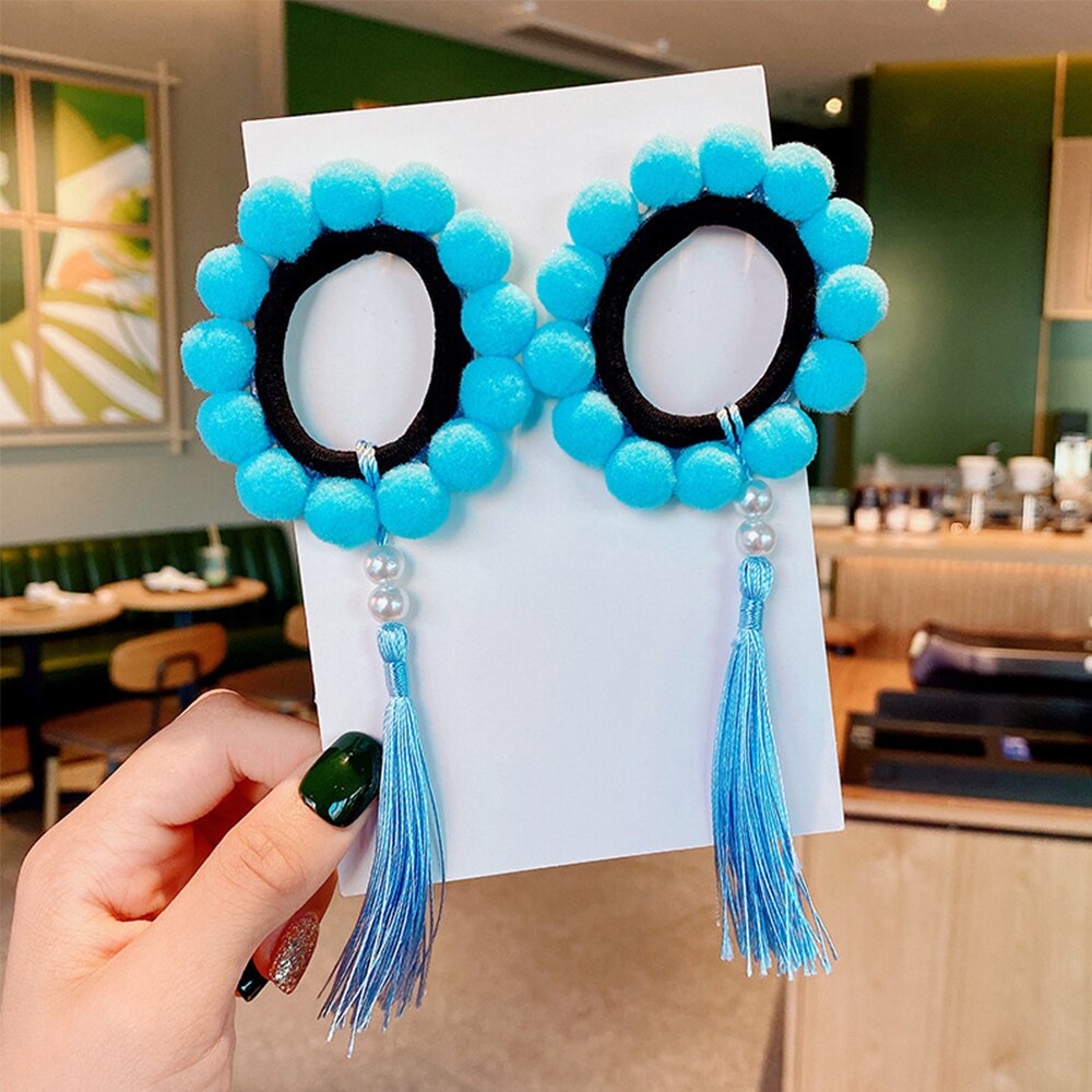 2Pcs Pompom Balls Tassel Elastic Hair Bands for Girls Ponytail Holder Scrunchies Baby Kids Elastic Rubber Band Hair Accessories: 1