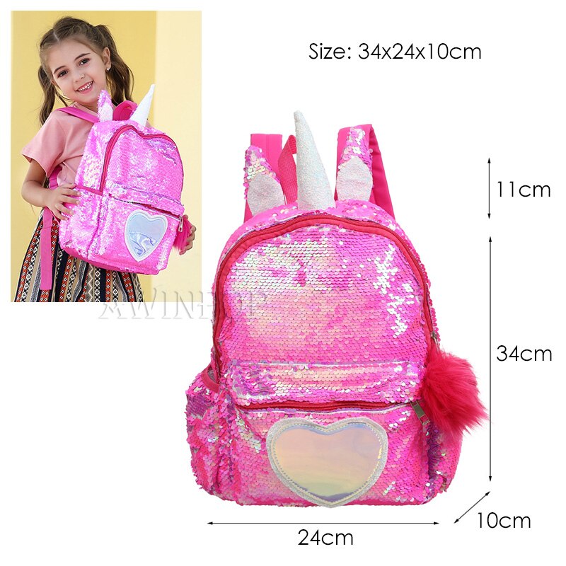 Mermaid Sequin Backpack for Girls Children Large 3D Cartoon Unicorn School Bag Teenager Hologram Heart Love Backpack: 15
