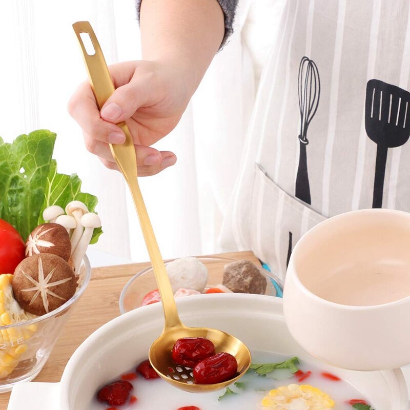 Juego Metal dorado colador de cazo para sopa de 2 piezas, utensilios de cocina de acero inoxidable con mango largo, utensilios de cocina, utensilios para servir cuchara, utensilio de cocina para