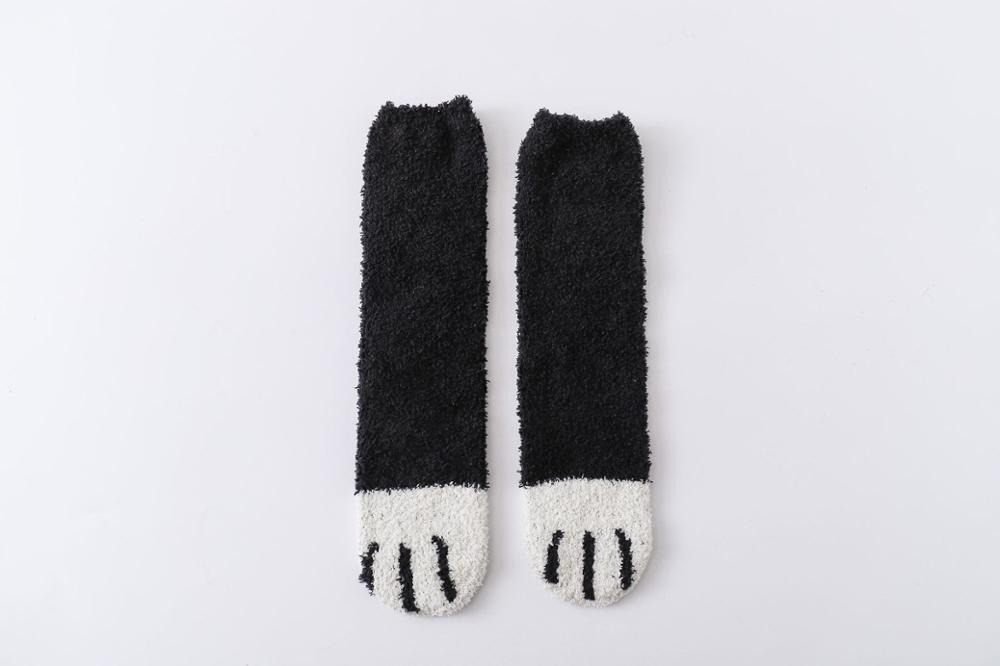 1 par blød plys koral fleece sokker pige rør sokker efterår vinter kat kløer søde tykke varme sovende gulv søvn sokker: Sort