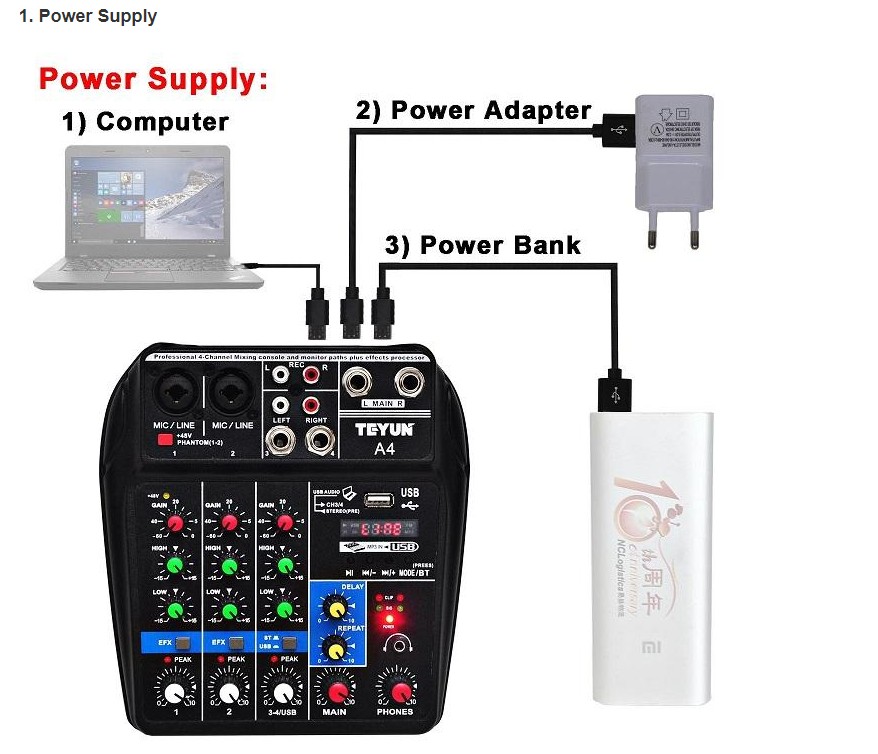A4 Sound Mixing Console Bluetooth Record 48V Phantom Power Monitor AUX Paths Plus Effects 4 Channels Audio Mixer with USB