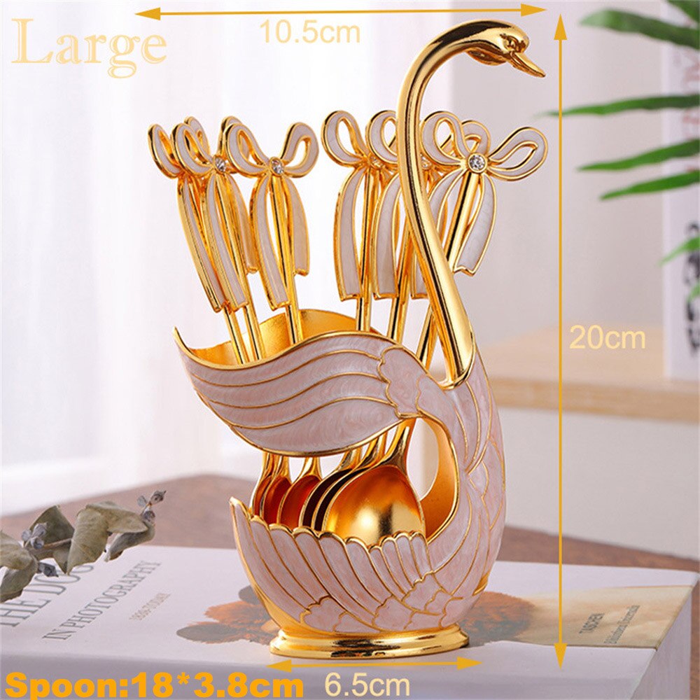 Luxe Metalen Koffie Dessertlepel Set Zwaan Base Houder Met 6Pcs Ijs Lepels Vorken Theelepels Dessert Suiker Salade bestek: L Gold-6 spoons