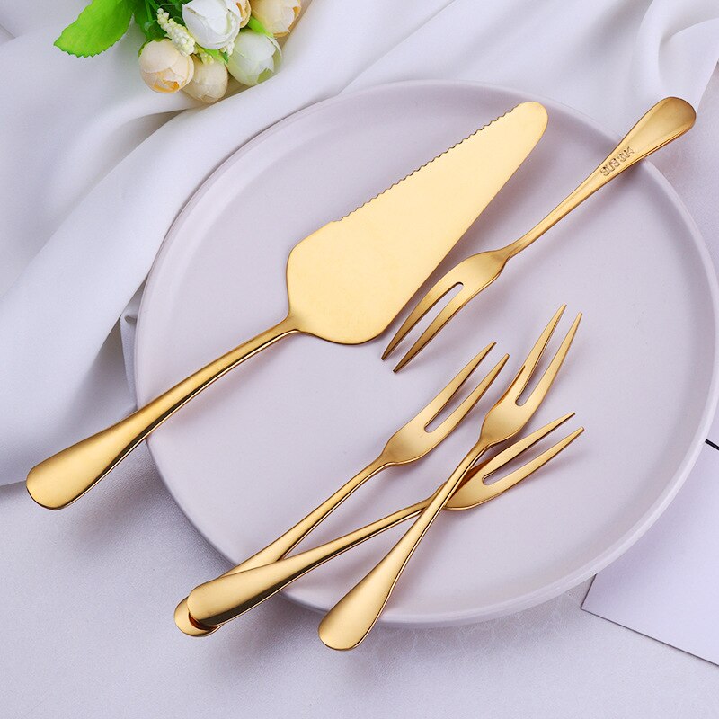 Goldene Überzogene 18/10 Edelstahl Kuchen Schaufel Messer Gabel einstellen Hochzeit Kuchen Nachtisch Salat Obst Mini Gabeln Gold Besteck Besteck