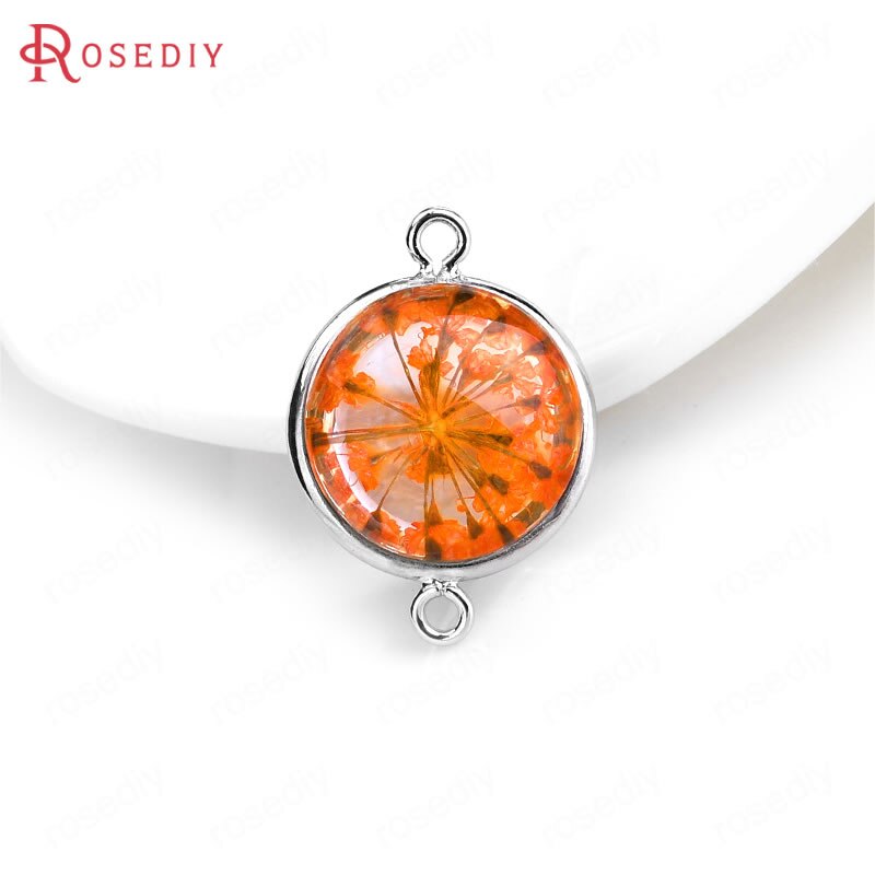 (C828)6 pieces 14x20mm 24K Gold Color Brass and Glass 2 Holes + Dried Flower Round Connect Charms Pendants Diy Jewelry Findings