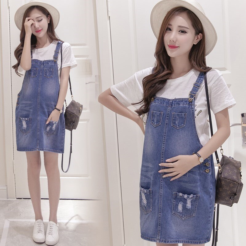 Graviditetskjoler sommer denim rem gravide kvinder kjoler sommer graviditet løst temperament plus size tøj