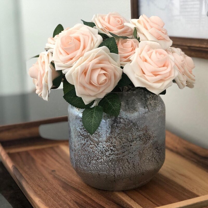 25 Pièces/boîte Mousse Artificielle Rose Fleurs avec des Feuilles Bouquets De Mariée De mariage De Décoration De Jardin de Partie Fausse Fleur BRICOLAGE Artisanat