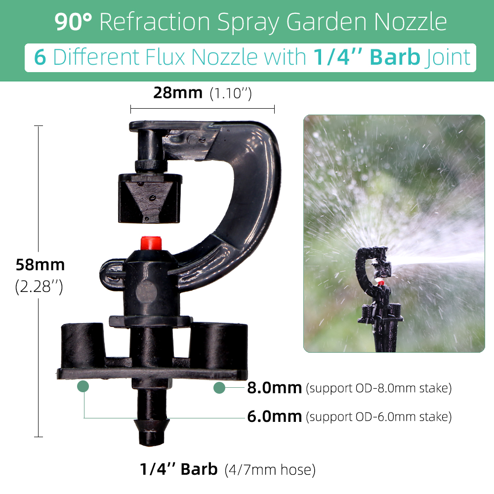 100PCS 90 Degrees Sprinklers Garden Watering Irrigation Nozzle with 1/4&#39;&#39; Barb 6 Types Different Flux G Refraction Spray Heads