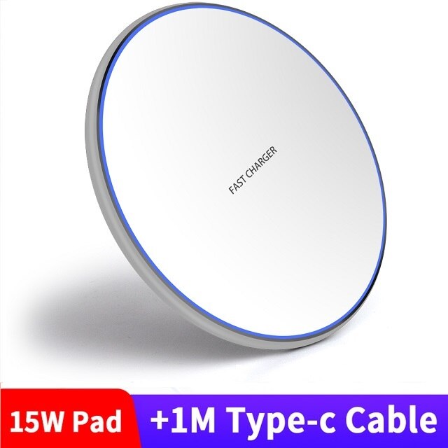 FDGAO Qi Wireless Charger Pad USB-C 15W Fast Charging for Samsung S20 S10 S9 Note 10 20 iPhone 12 Mini 11 Pro Xs Max XR X 8 Plus: 15W White