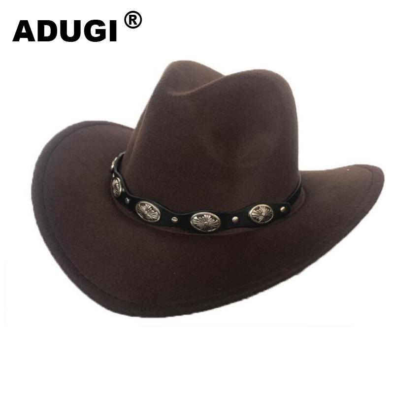 ADUGI punk styl kapelusz kowbojski jesienno-zimowy wełniany filcowy kapelusz mężczyźni i kobiety jazzowy kapelusz brytyjski pas metalowy retro kapelusz: brązowy