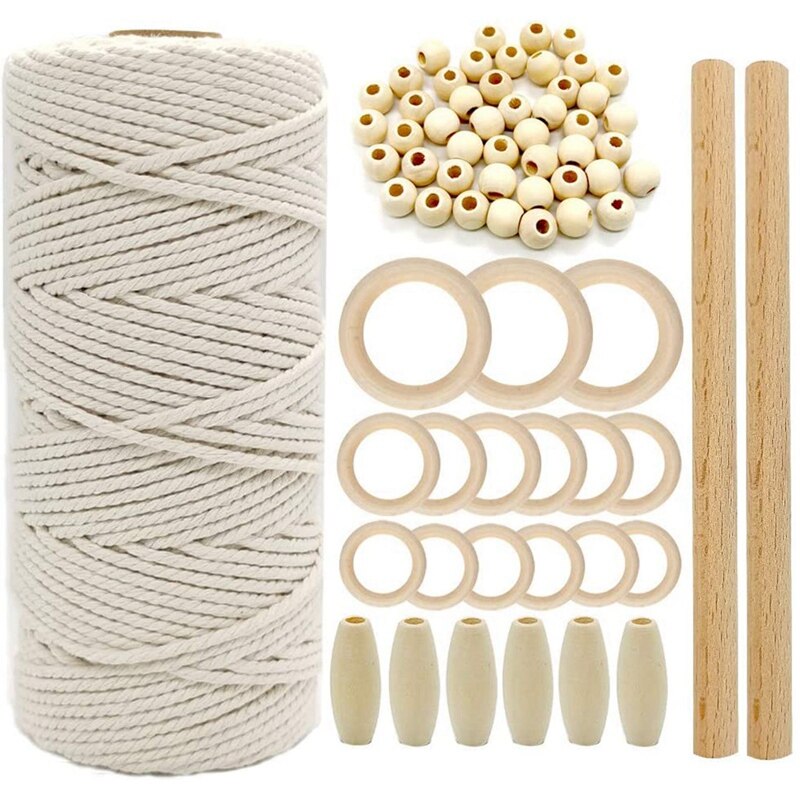 Macrame Cord Natural Cotton Rope m with Wood Ring Wood Stick for DIY Teether Macrame Kit Wall Hanging Plant Hanger: Default Title