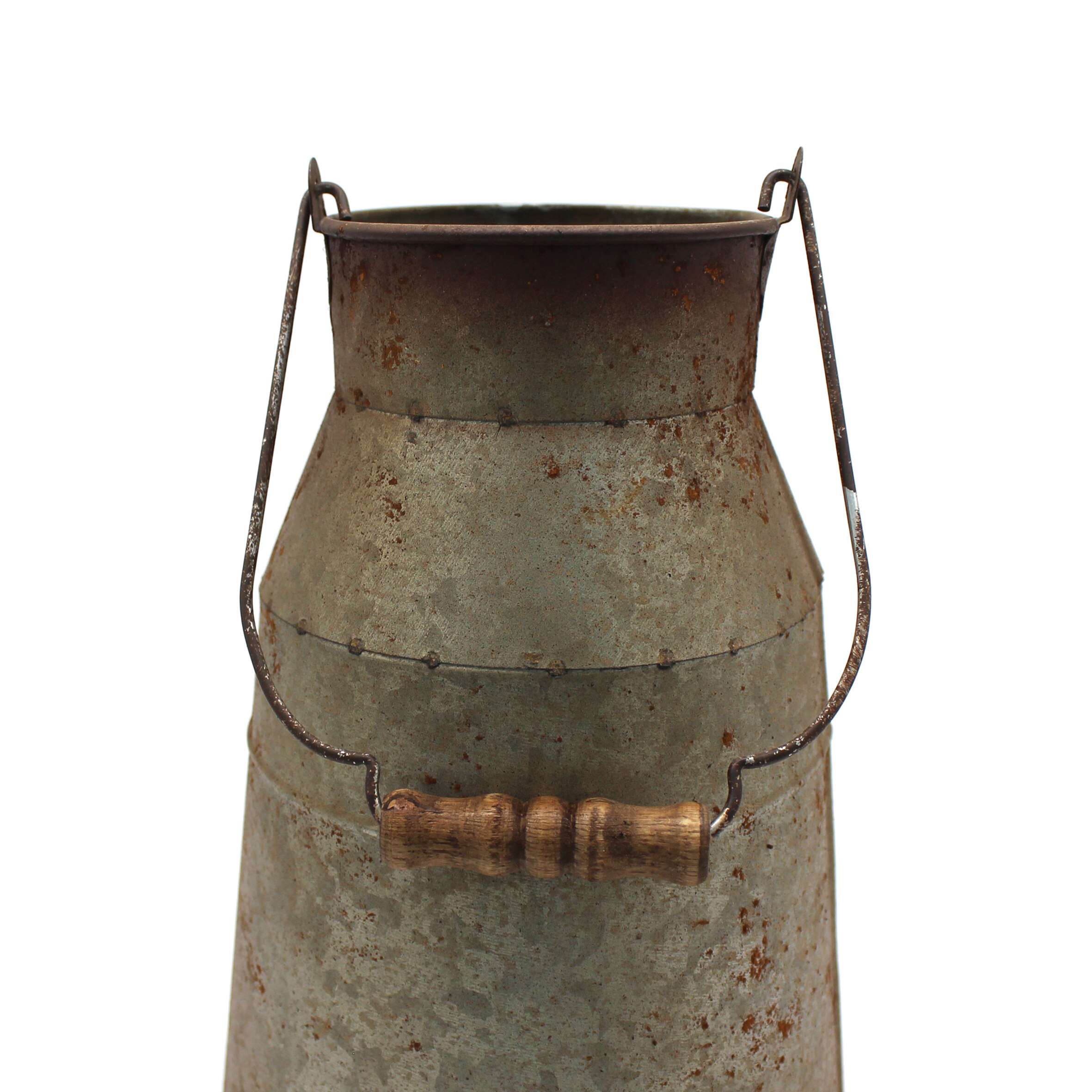 10 Inch Galvanized Metal Milk Can with Wooden Handle, Old Rustic Farmhouse Pitcher Jug Vase for Home and Garden Décor.