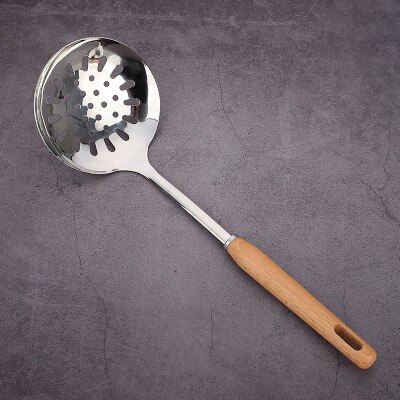 Utensilios de cocina de madera resistentes al calor, utensilios de cocina, cuchara de acero inoxidable para sopa, utensilios de cocina, espátula, cuchara, colador, herramienta de cocina: E