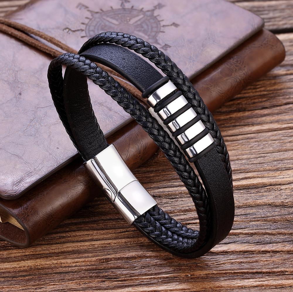 TANGYIN 19/21/23CM Genuine Leather Bracelet Black & Brown Color with Stainless Steel Buckle Easy Hook Bangle For Cool Boys