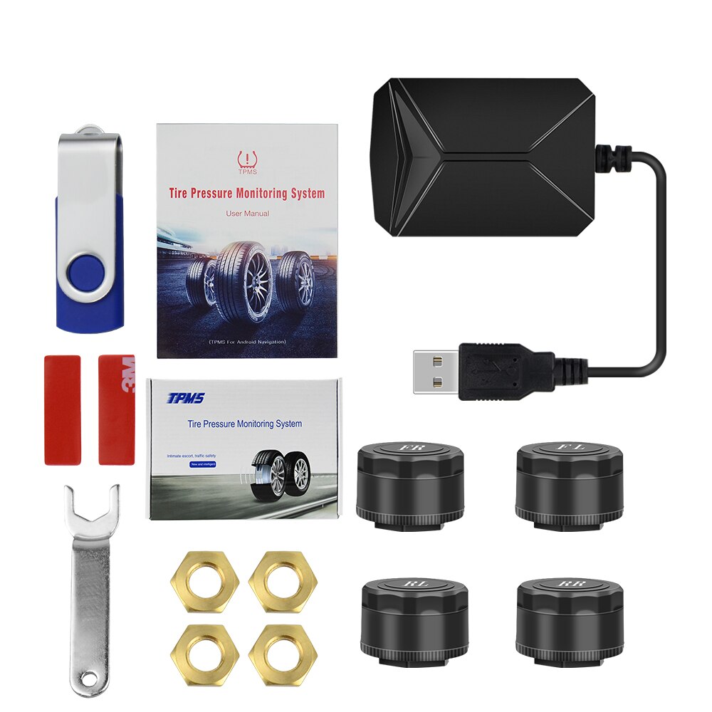 USB TPMS voor Android Auto Bandenspanningscontrolesysteem Navigatie Met 4 Interne Externe Sensor Bandenspanning Alarm: External